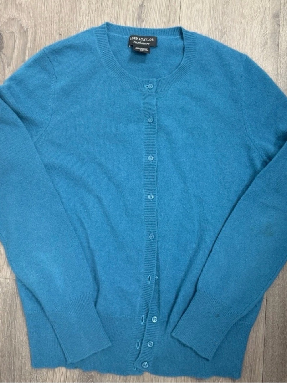 Lord & Taylor Teal Crewneck Cashmere Cardigan